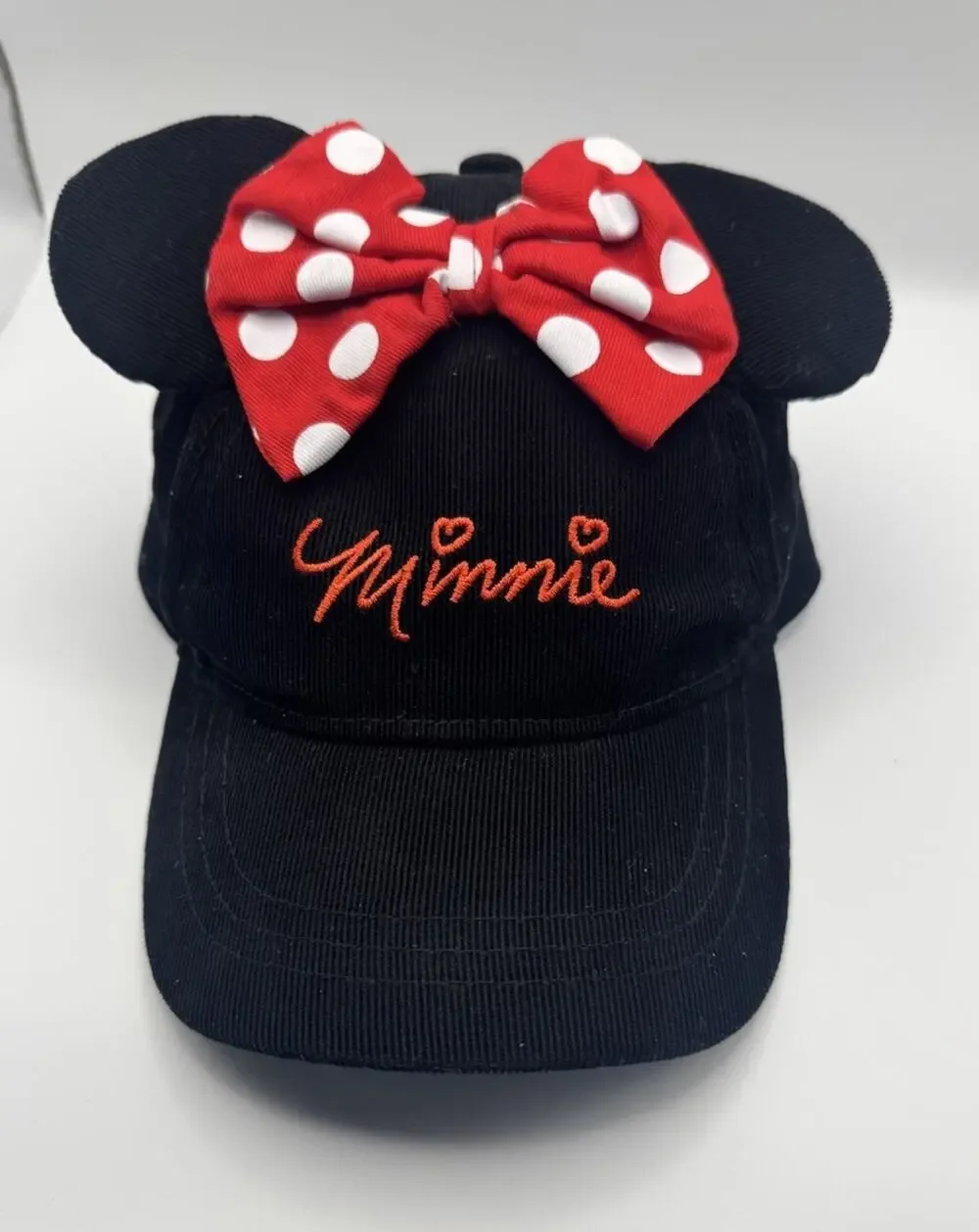 Disney Minnie Mouse Girls Black Corduroy Adjustable Hat Ears Bow Embroidered